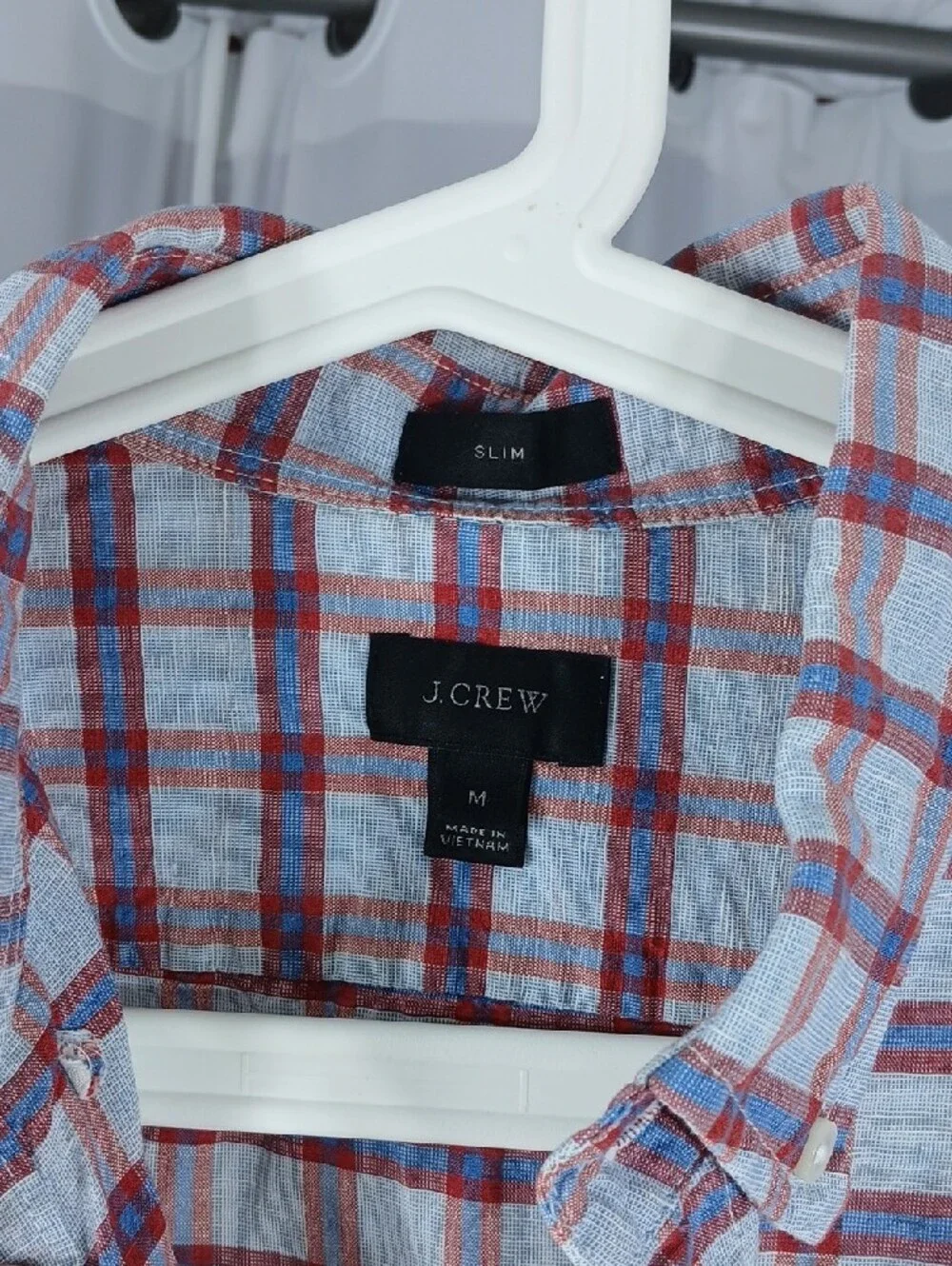 J. Crew Men’s Light Blue and Red Plaid Button-Down linen + cotton Shirt